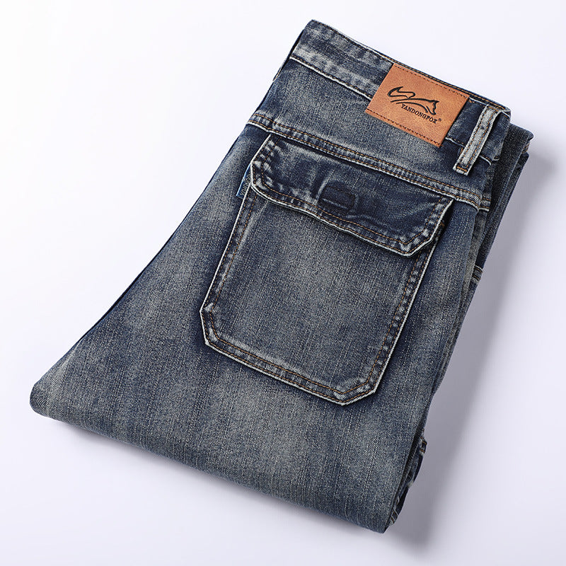 Men's Loose Straight-leg Denim Overalls With Multiple Pockets And Patchwork Design
