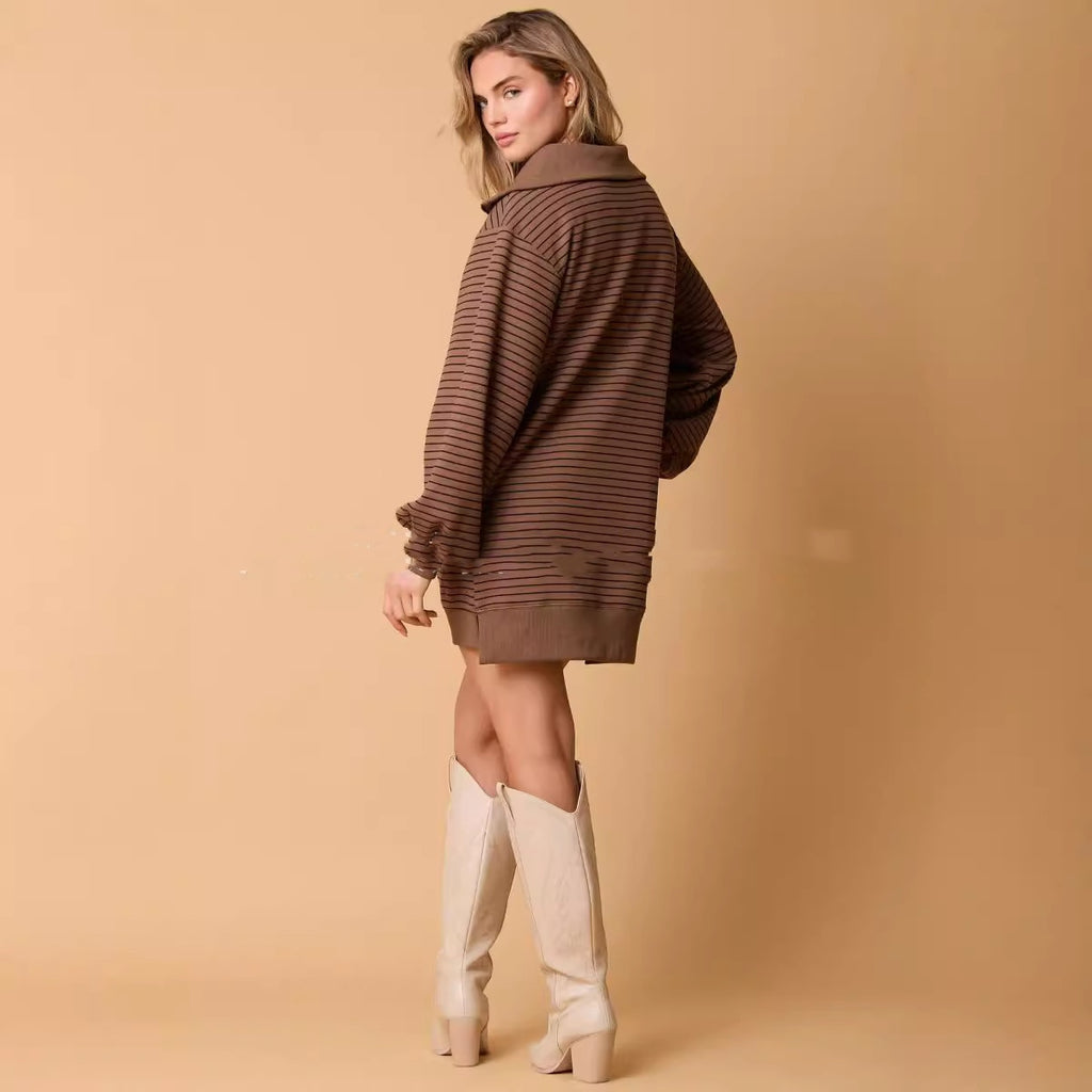 Women's Long Sleeve Polo Collar Stripes Loose Dress