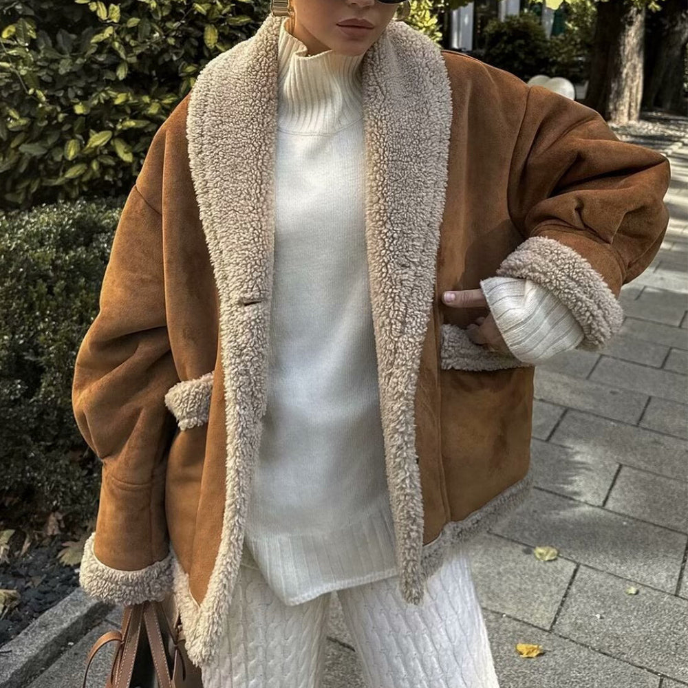 Lapel Woolen Coat With Pockets Winter Fashion Loose Suede Short Top Women's Clothing