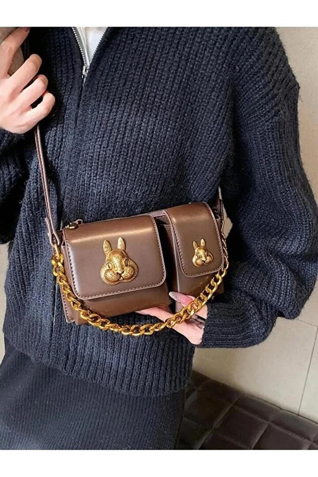 Women Brown Baguette Bag With Squirrel Accessory Design Stylish Shoulder Handbag