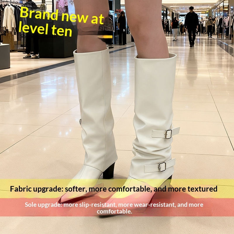 Women's Niche-design Leather-buckle High-rise Riding Boots