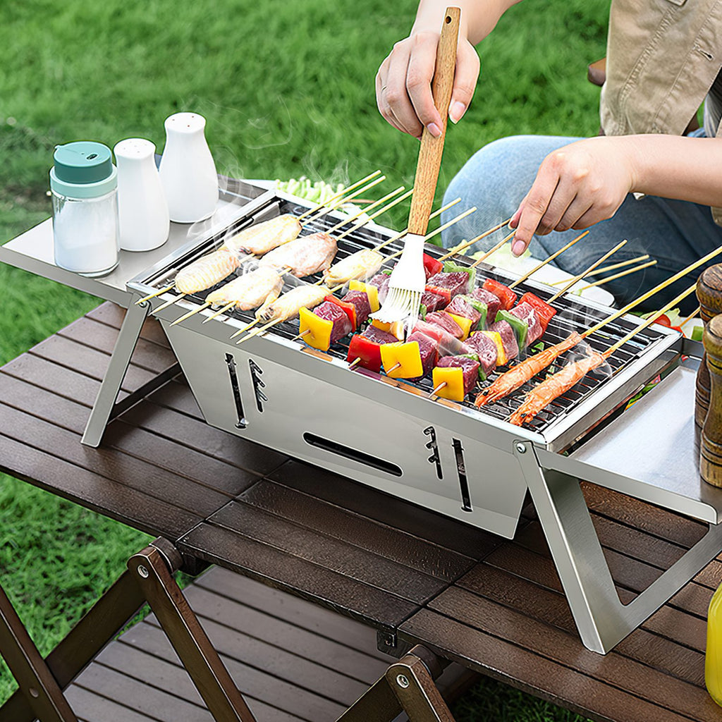 1 Set 3 In 1 Foldable Charcoal Grill Fire Pit Slow Cooker 2-3 People Portable Camping Grill Stainless Steel BBQ Grill For Camping Tailgating Yard