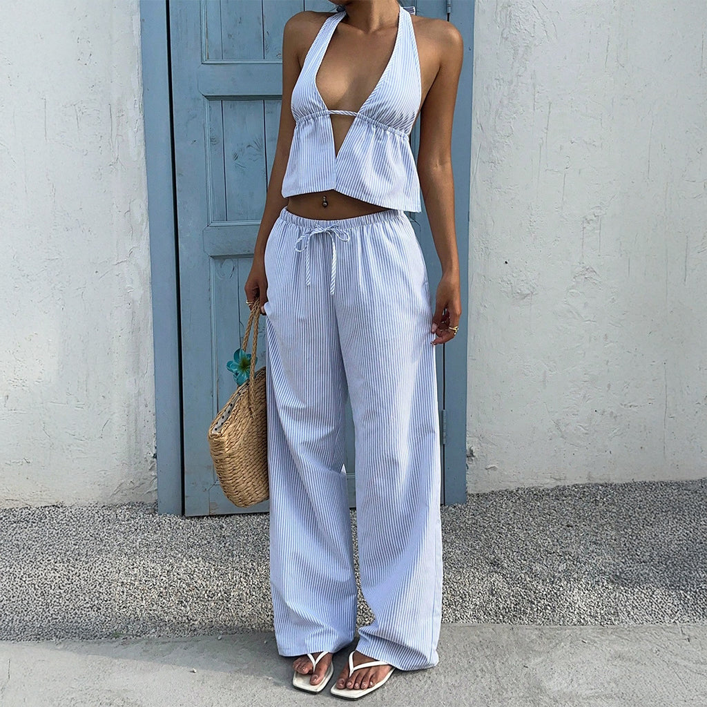 Vacation-style Tank Top And Casual Long Pants Set