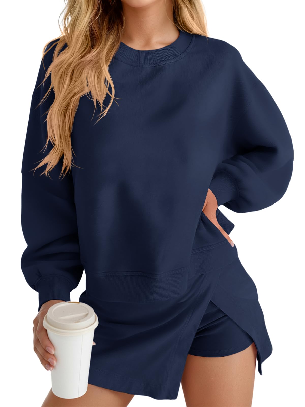 Fisoew 2 Piece Sets For Women Cotton Workout Sets Sweatshirt Top High Waisted Lined Split Athletic Skirt Set