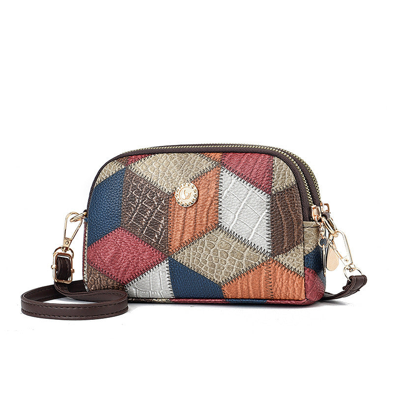 Color-Block Patchwork Versatile ShoulderCrossbody Bag With Dual Zippers