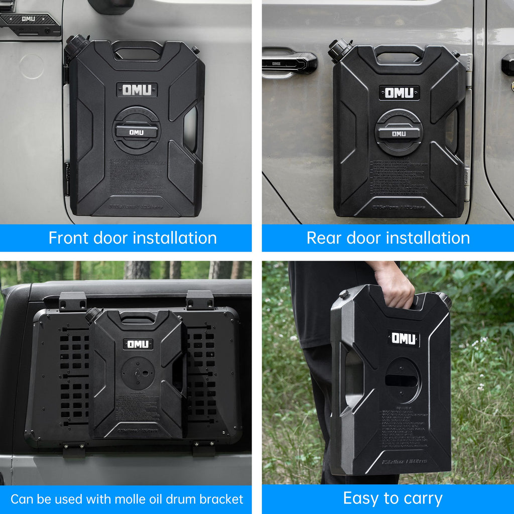 2.64 Gallon,10L Door Hinge Gasoline Container And Mount Set Compatible With 2007-2023 Jeep Wrangler JK JL JT, Gasoline Pack Mount Backing Plate With Snapin Spout Backup Petrol Water Storage Can