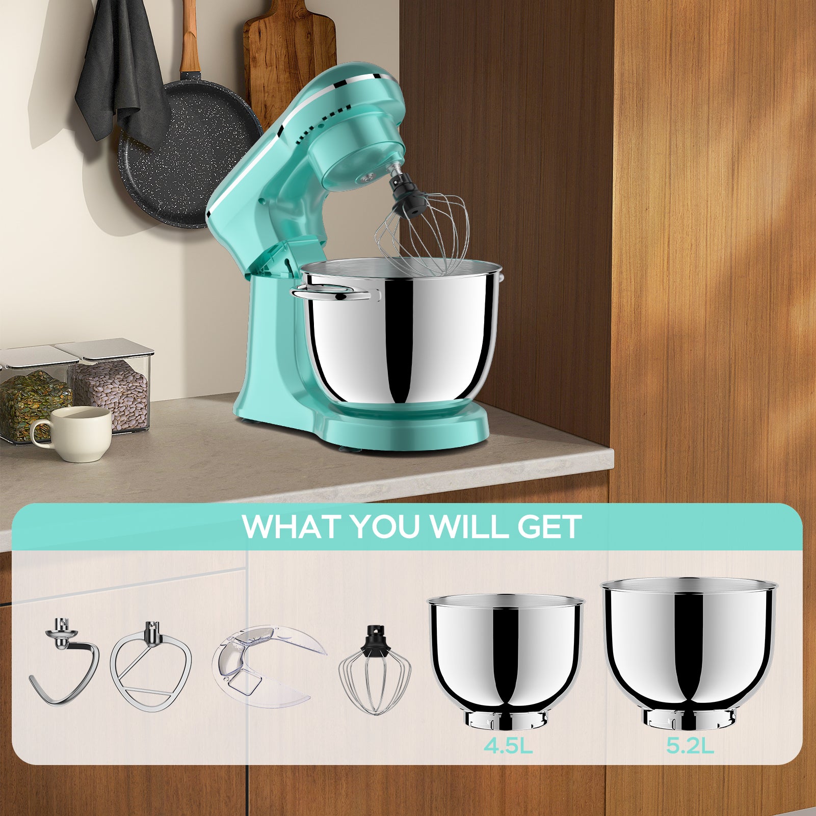 6QT & 5QT Dual Bowls Stand Mixer, 10 Speed Tilt-Head With Electronic Timer, Dough Mixer, Dishwasher Safe, Stainless Steel Bowls, Dough Hook, Flat Beater, Whisk For Baking,  Blue