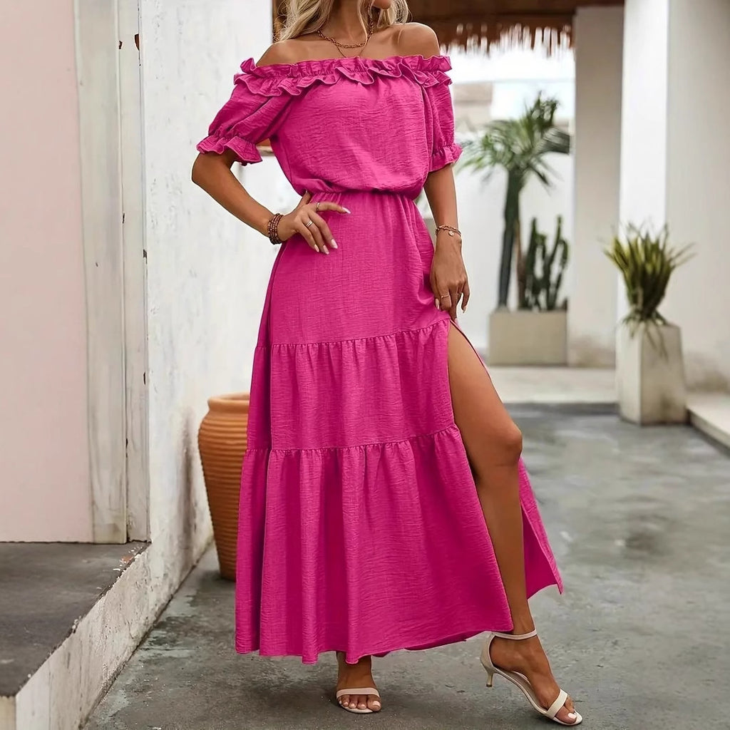 Womens Solid-Color Off-the-Shoulder Ruffle-Waist Side-Slit Dress