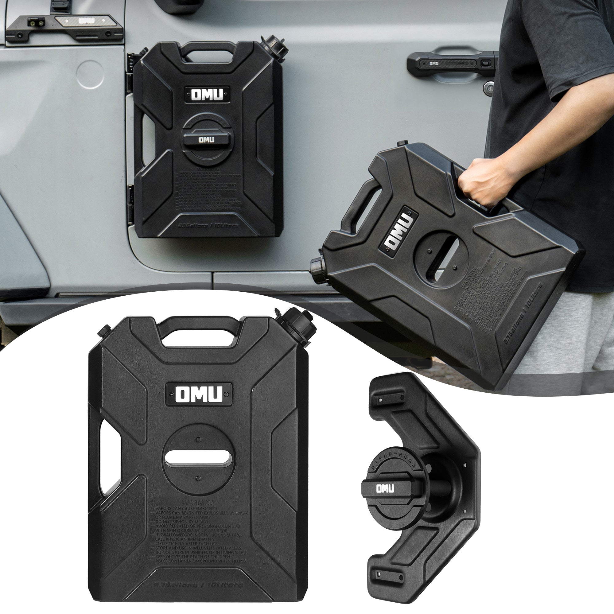 2.64 Gallon,10L Door Hinge Gasoline Container And Mount Set Compatible With 2007-2023 Jeep Wrangler JK JL JT, Gasoline Pack Mount Backing Plate With Snapin Spout Backup Petrol Water Storage Can