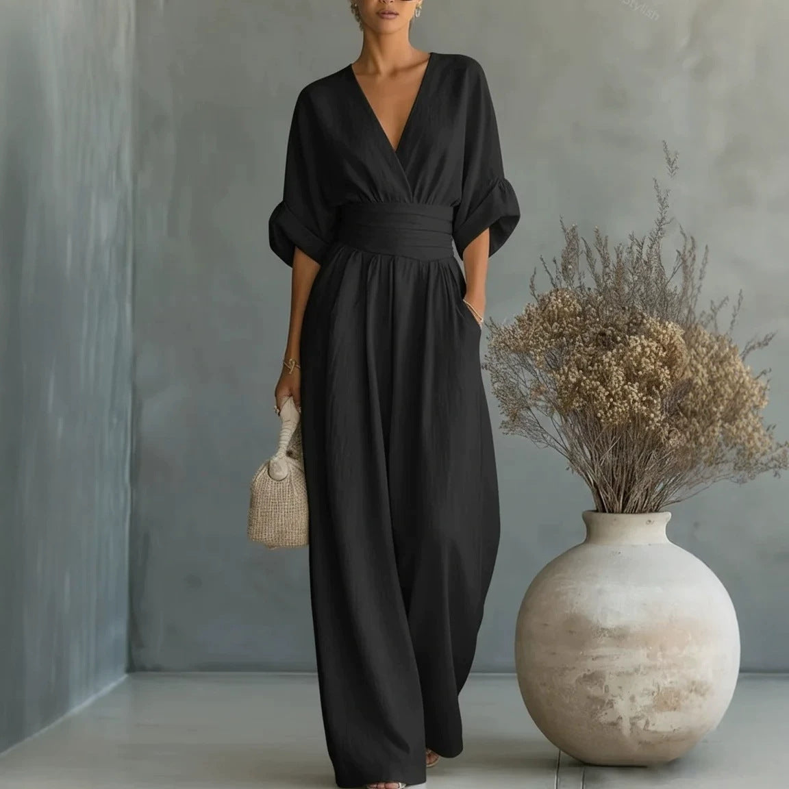 Summer Short-sleeved Jumpsuit Fashion Casual V-Neck Wide-Leg Pants Womens Clothing