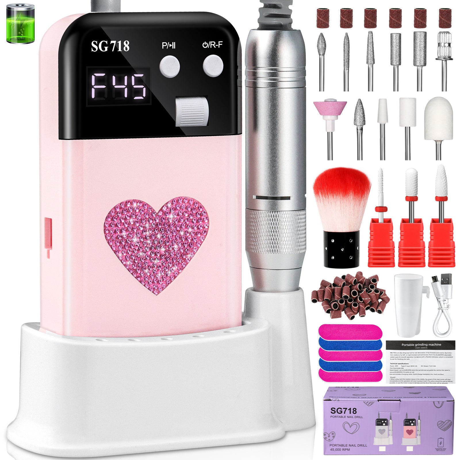 Rechargeable Nail Drill 45000 RPM - Electric Nail File For Shaping, Removing & Polishing Gel Nails-Lightweight & Easy To Use-Perfect For Home & Salon Manicure Pedicure