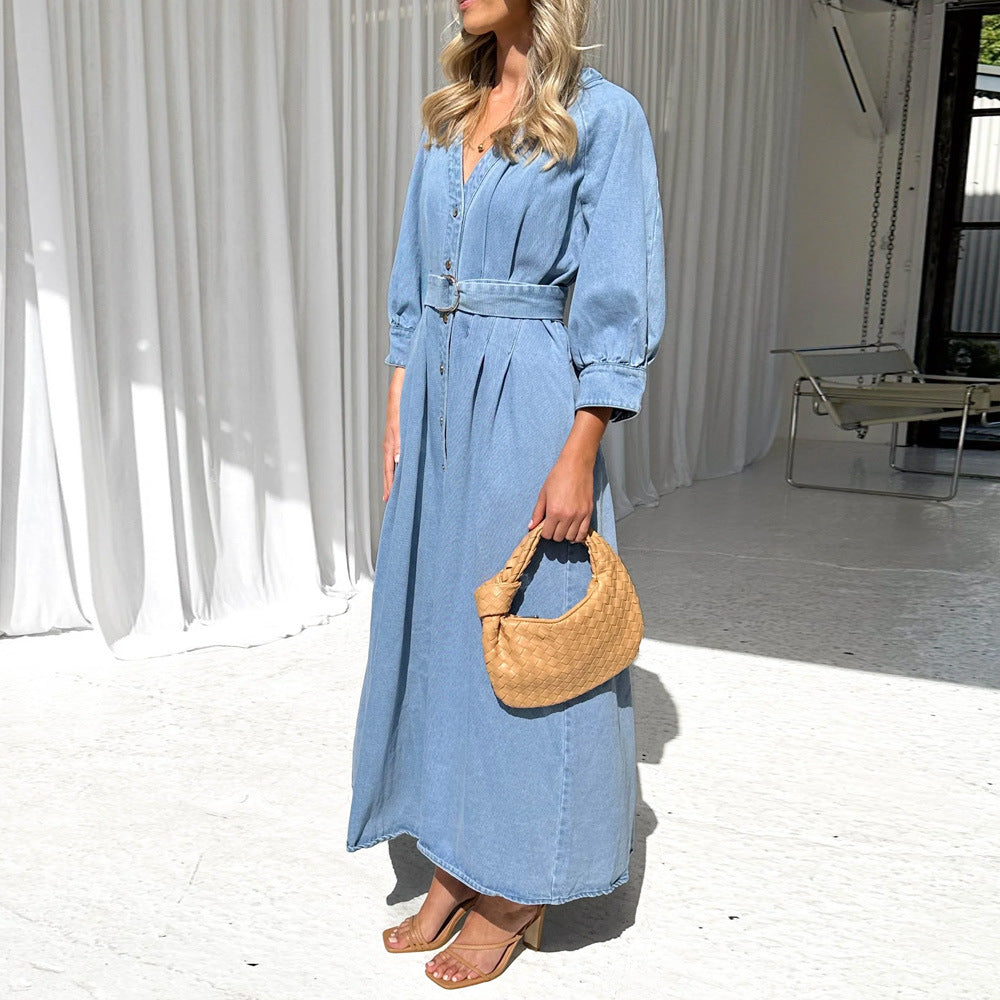 V-neck Lace-up Waist Trimming Casual Button Denim Dress