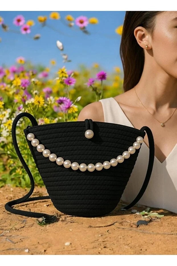 Women Black Pearl Design Classic Shoulder Bag Elegant Daily Handbag
