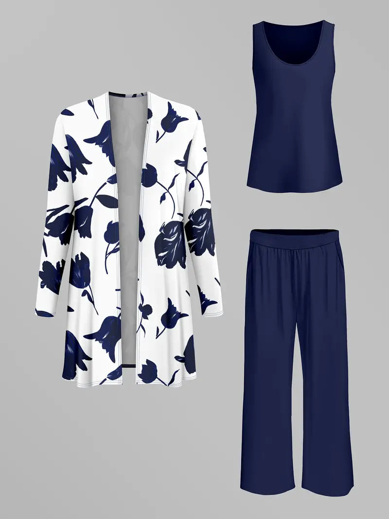 Printed Cardigan Jacket With Solid Color Inner Strap Casual Pants
