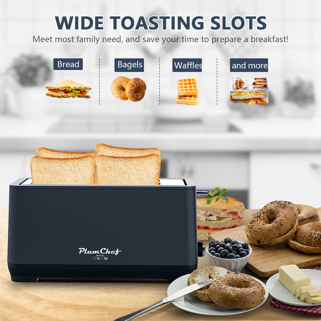 4-Slice Toaster, Extra Wide Long Slot, 6 Settings, Bagel, Defrost, Reheat, Removable Crumb Tray, Stainless Steel Housing, Matte Black