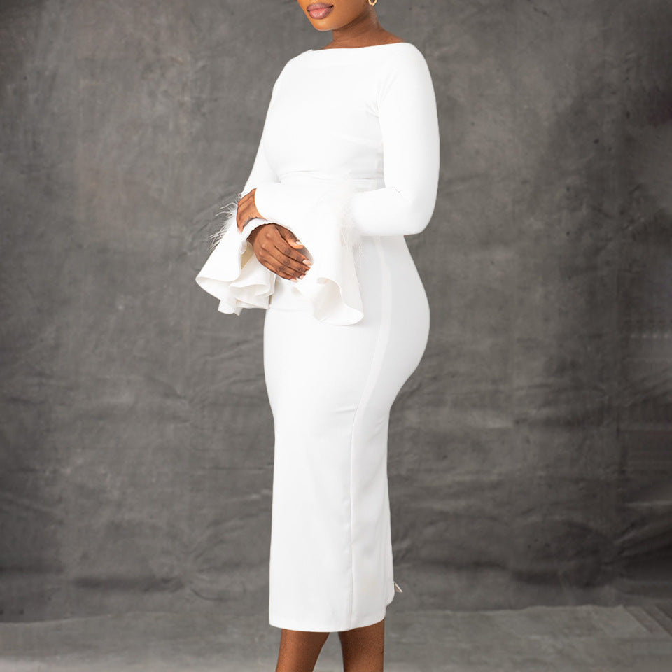 Fashion Solid Color Sheath Bell Sleeve OL African Dress
