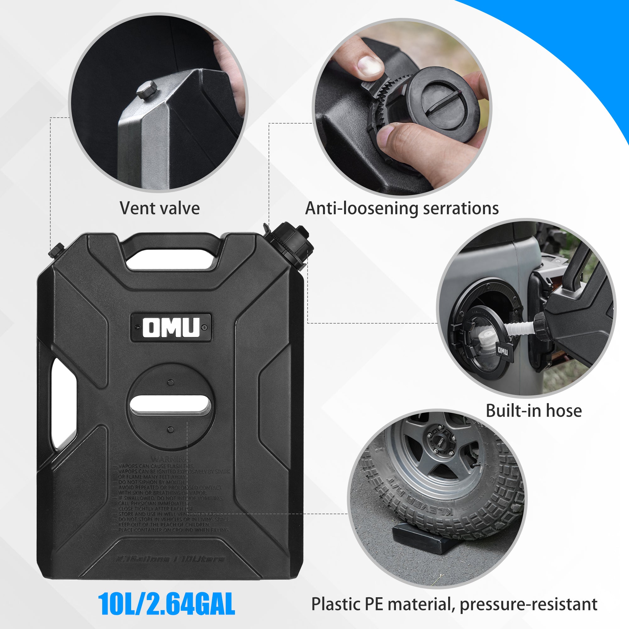 2.64 Gallon,10L Door Hinge Gasoline Container And Mount Set Compatible With 2007-2023 Jeep Wrangler JK JL JT, Gasoline Pack Mount Backing Plate With Snapin Spout Backup Petrol Water Storage Can