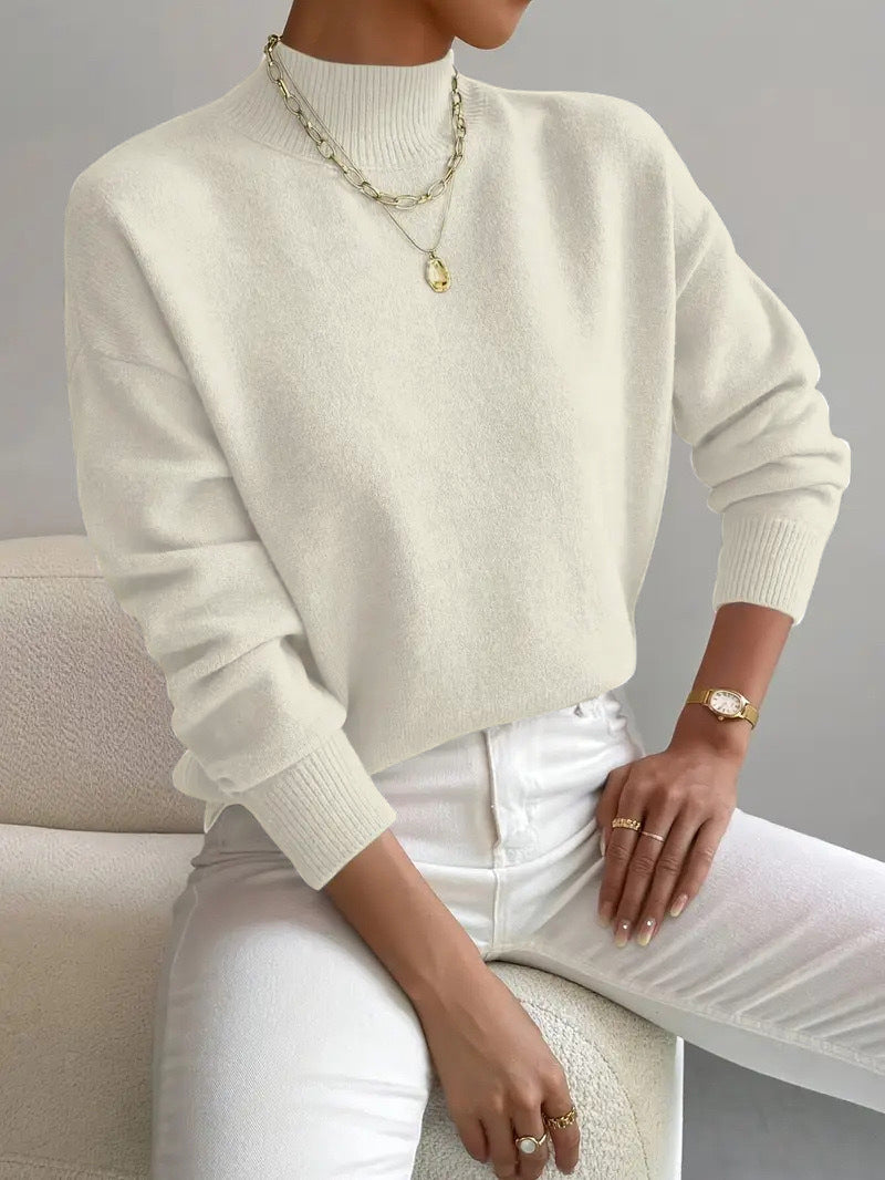 Women's Pullover Sweater Casual Solid Color Mid-high Neck Long-sleeved Knitted Tops Clothing