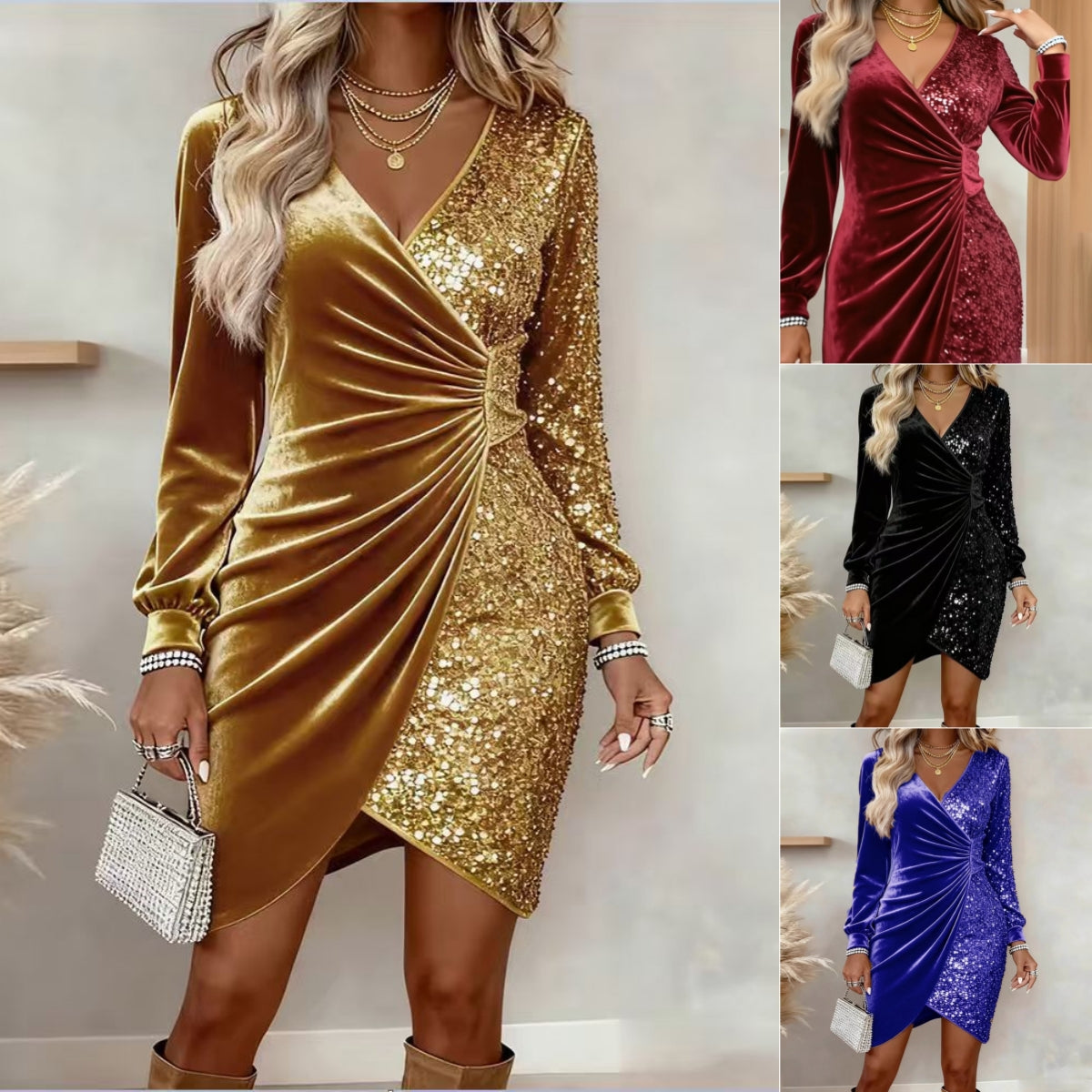 Elegant Sequins Design Long Sleeve Party Dress Women Sexy V Neck Bodycon Dresses For Women Evening Dress Christmas Clothes