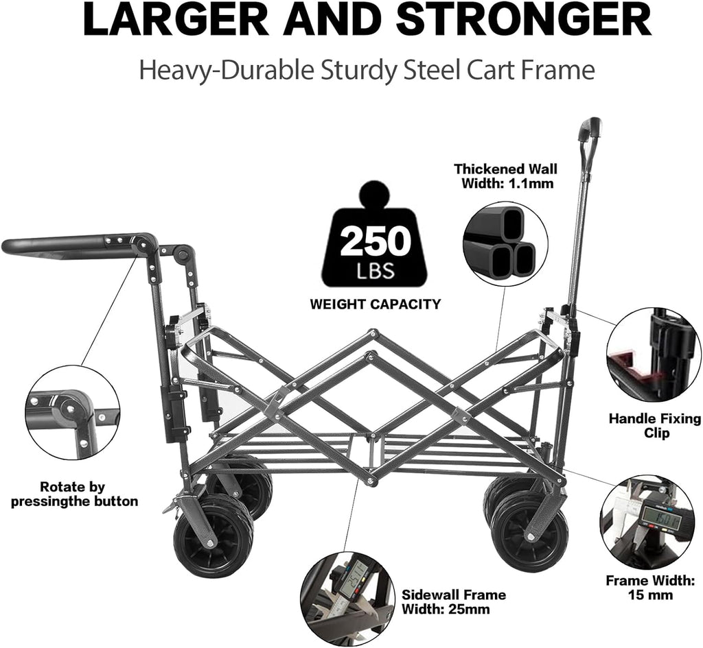 Collapsible Wagon 140L Wagons Carts Foldable With Removable Canopy, Folding Wagon Cart With Wheels For All-Terrain With Brake, Foldable Wagon With Cooler Bag, For Camping Beach Shopping