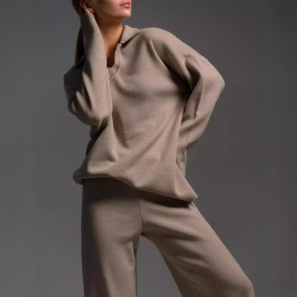 Fall Winter Two Piece Set Women's Simple Loose Solid Color Collar Sweater Set Fashion Casual Sport Wear Set