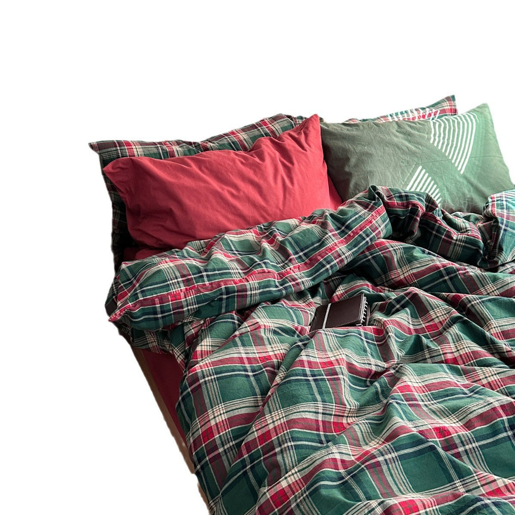 Ins Nordic Simple Plaid Christmas Cotton Yarn-dyed Washed Cotton Four-piece Set