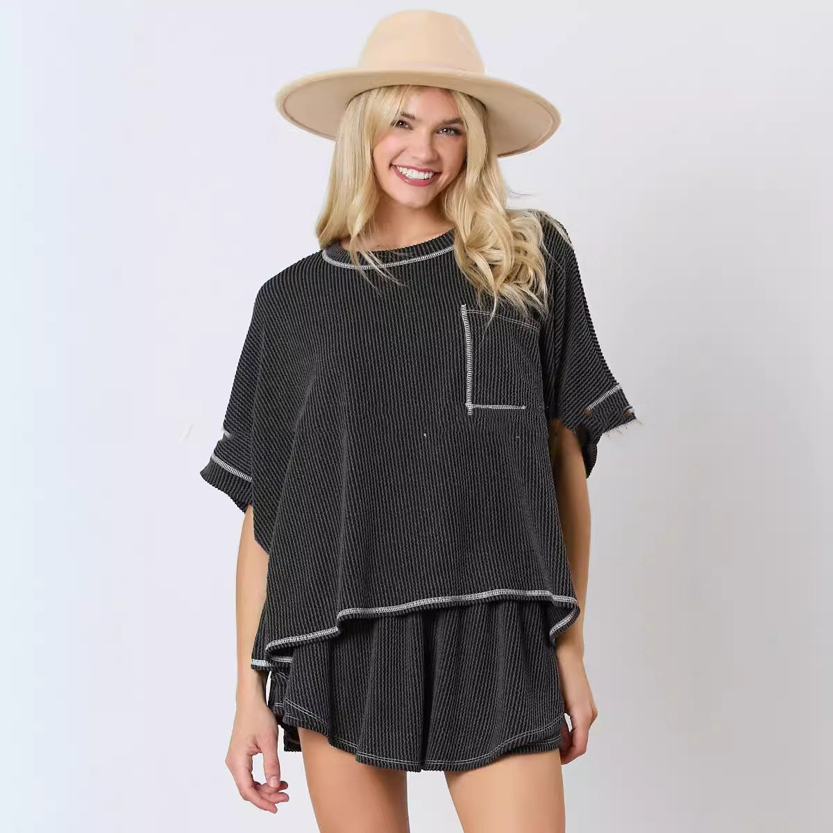 Short Sleeve Two-piece Thread Knitted Round Neck Homewear