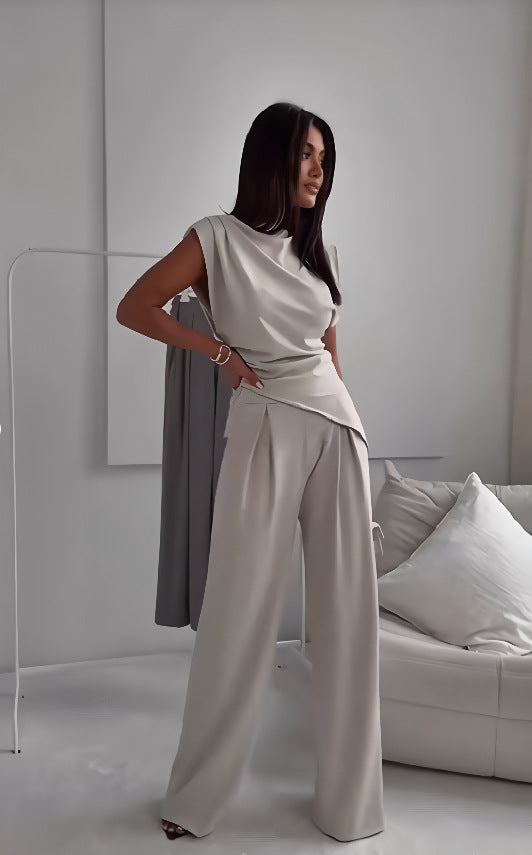 Women's Sleeveless Suit Fashion Slim Irregular Split Top And Straight Pants Solid Trouser Set