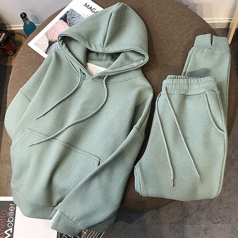 Thickened Fleece-Lined Solid-Color Sporty Casual Hoodie Set