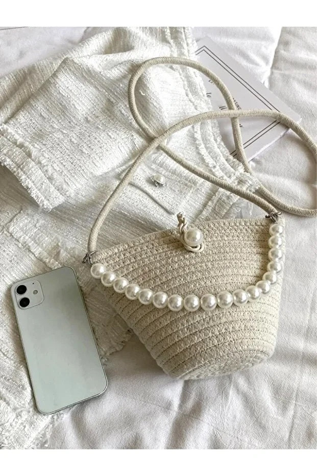 Women White Shoulder Bag With Pearl Design Elegant Baguette Handbag