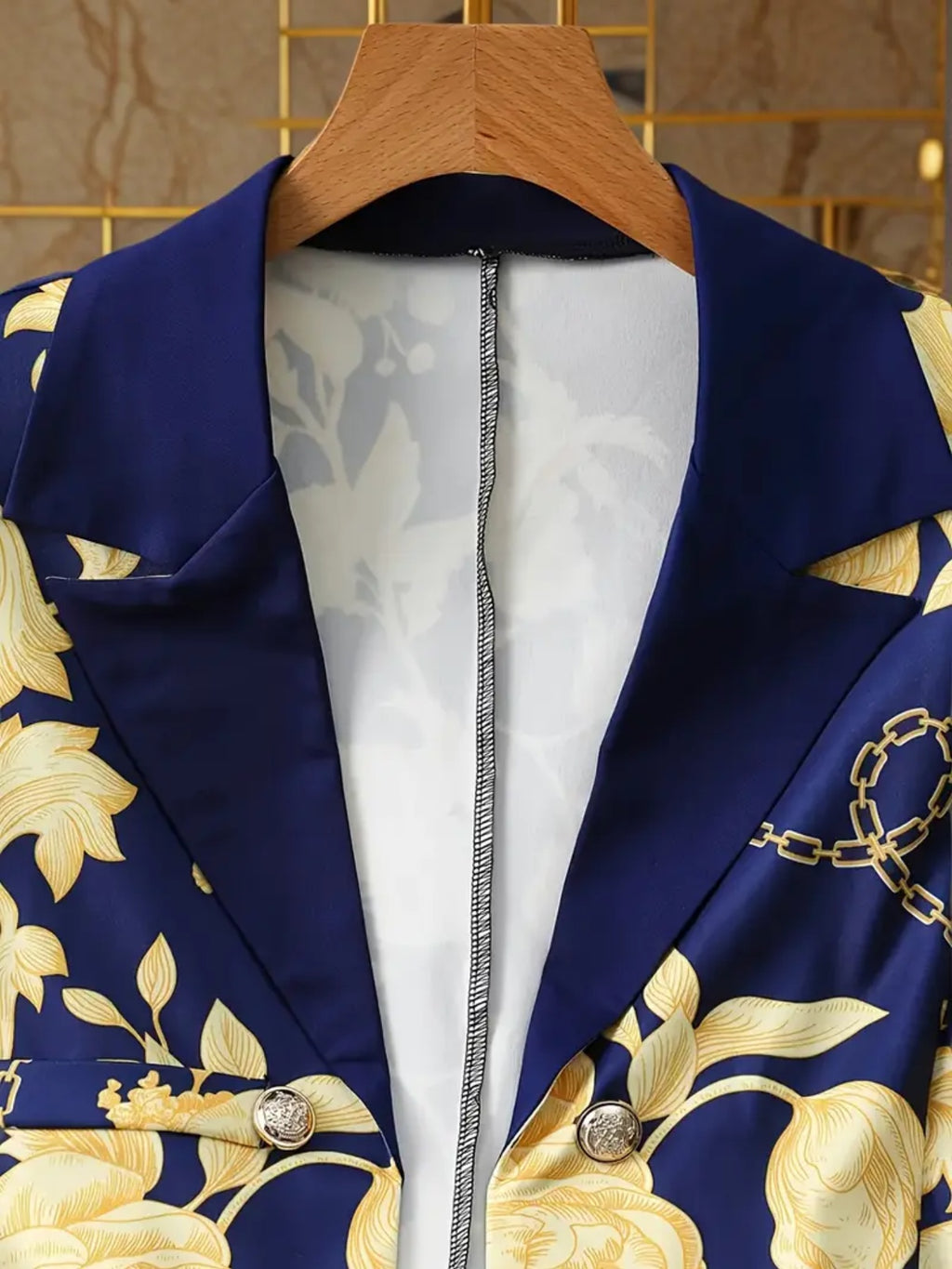 New Ladies' Elegant High-end Printed Dress Set, Chain Printed Slim Fit Suit Jacket With Pure Blue Leggings, Two-piece Suit Set, Machine Washable, Fashionable All Year Round