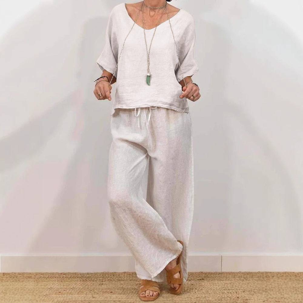 Womens Multi-Color Two-Piece Set Casual V-Neck Pullover With Three-Quarter Sleeves And Extended Pants