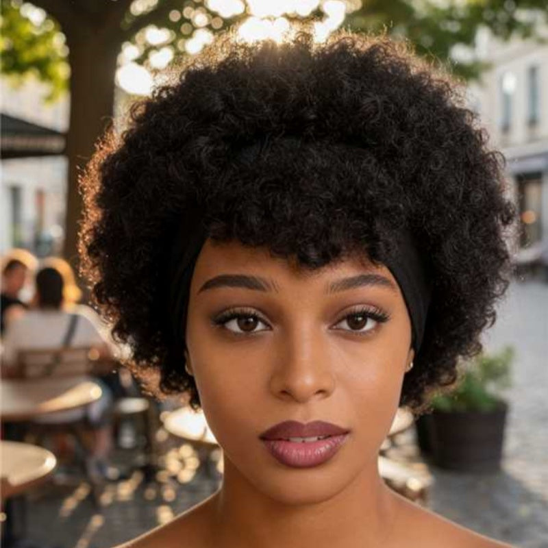 Natural Black Short Afro Kinky Curly Wig WithAttachedHeadbands Glueless Synthetic Wear And Go ForBlackWomen Fluffy Bouncy Afro Wigs