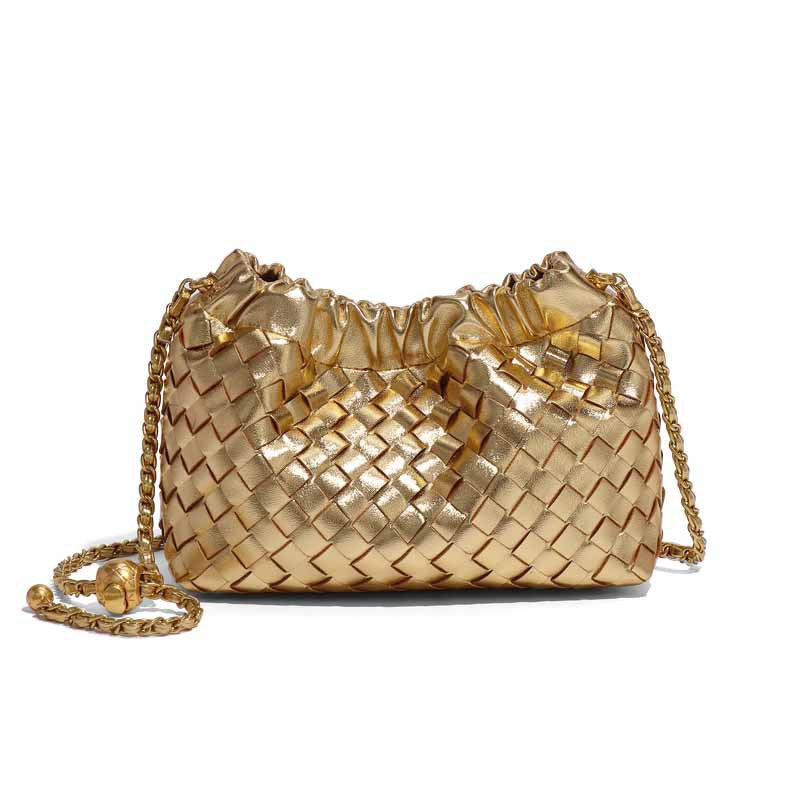 Cloud-shaped Woven Handbag With Gold Beads Chanel-style Chain And Shouldercrossbody Strap