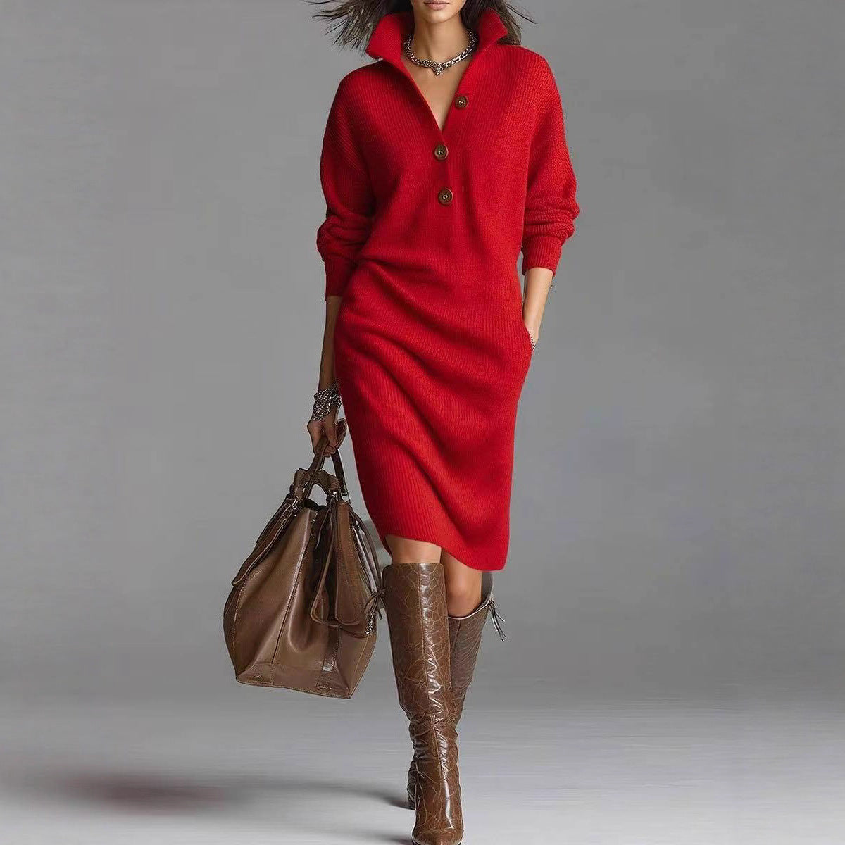 Long-sleeved Sweater Dress Fashion Warm Stand-up Collar V-neck Button Pullover Dresses Winter Casual Commuting Women's Clothing