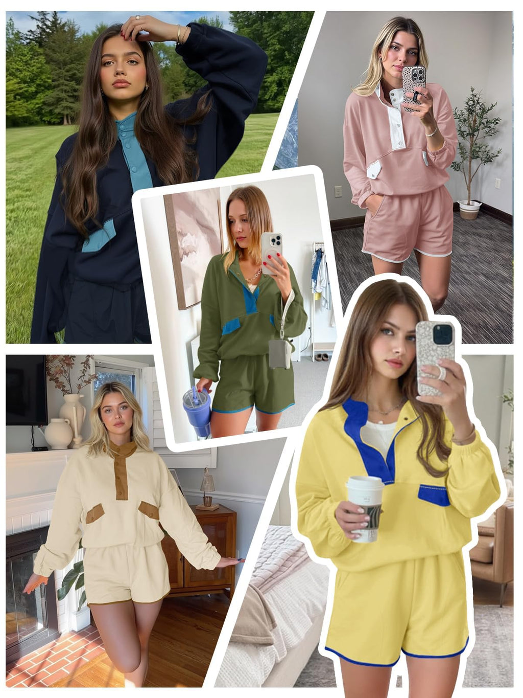 Fisoew Womens 2 Piece Sets Sweatsuits Casual Half Button Color Block Sweatshirts Running Shorts Tracksuits Fall Outfits