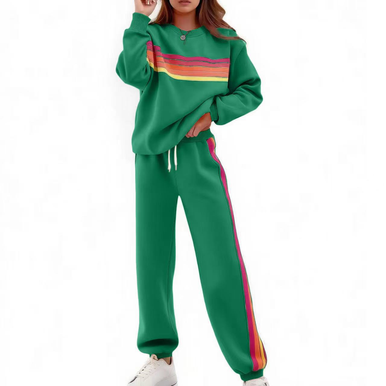 Round Neck Loose Color Stripes Elastic Waist Pants Sweater Suit
