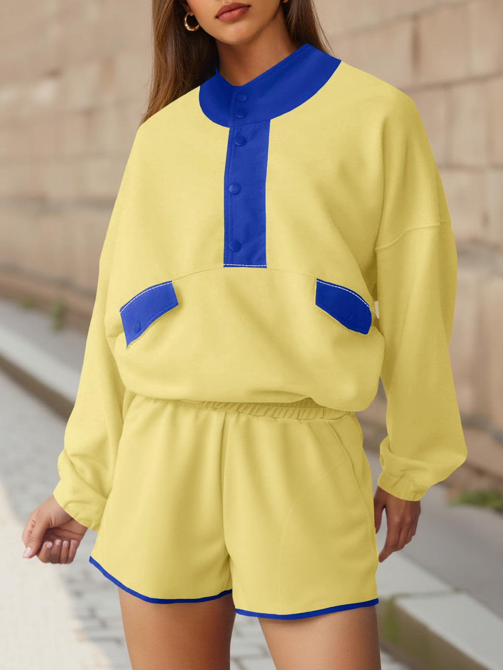 Fisoew Womens 2 Piece Sets Sweatsuits Casual Half Button Color Block Sweatshirts Running Shorts Tracksuits Fall Outfits