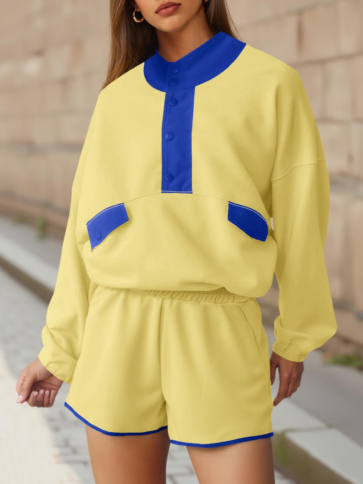 Fisoew Womens 2 Piece Sets Sweatsuits Casual Half Button Color Block Sweatshirts Running Shorts Tracksuits Fall Outfits