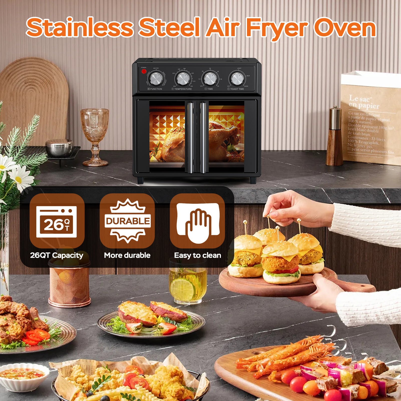 29.5 QT Air Fryer Convection Toaster Oven, French Door, 6 Slices, 1700W, Multifunction Oven, Air Fryer, Toast, Grill, Defrost, Bake, Time And Temperature Controls, Black