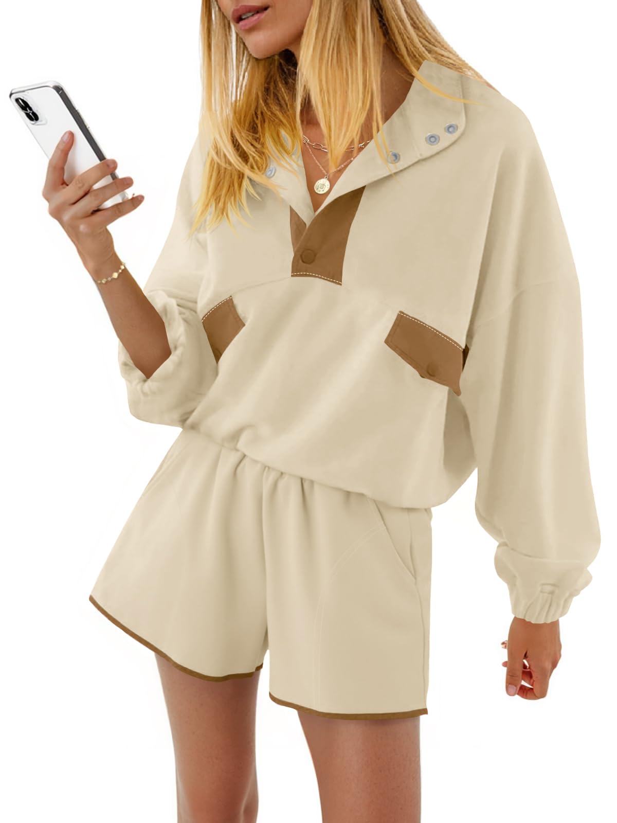 Fisoew Womens 2 Piece Sets Sweatsuits Casual Half Button Color Block Sweatshirts Running Shorts Tracksuits Fall Outfits