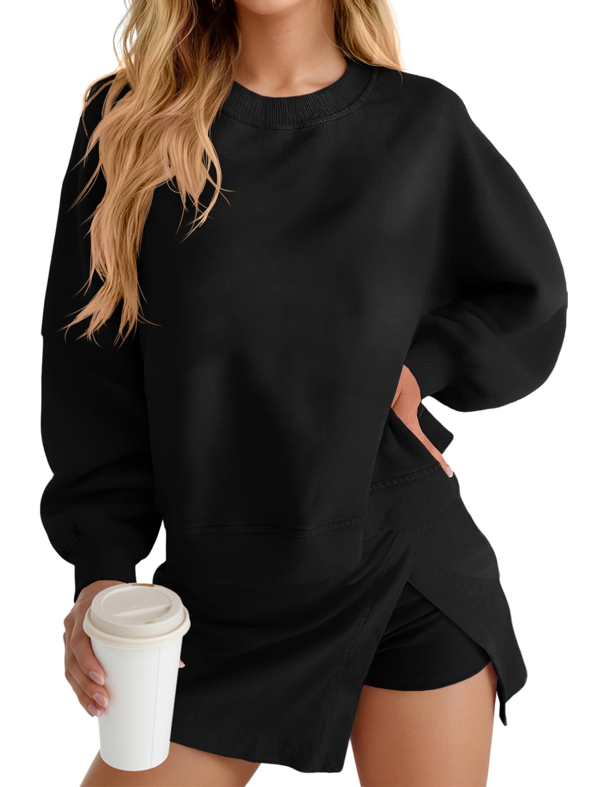 Fisoew 2 Piece Sets For Women Cotton Workout Sets Sweatshirt Top High Waisted Lined Split Athletic Skirt Set