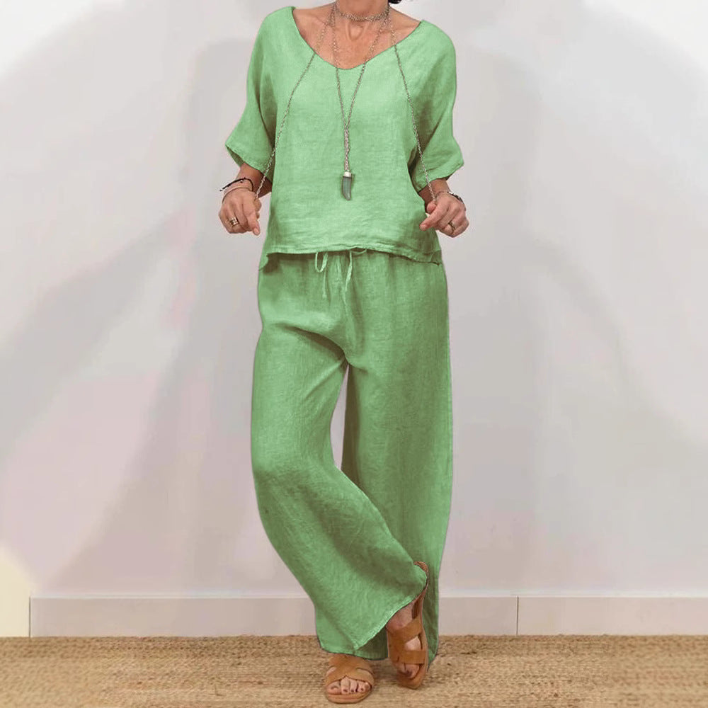 Womens Multi-Color Two-Piece Set Casual V-Neck Pullover With Three-Quarter Sleeves And Extended Pants