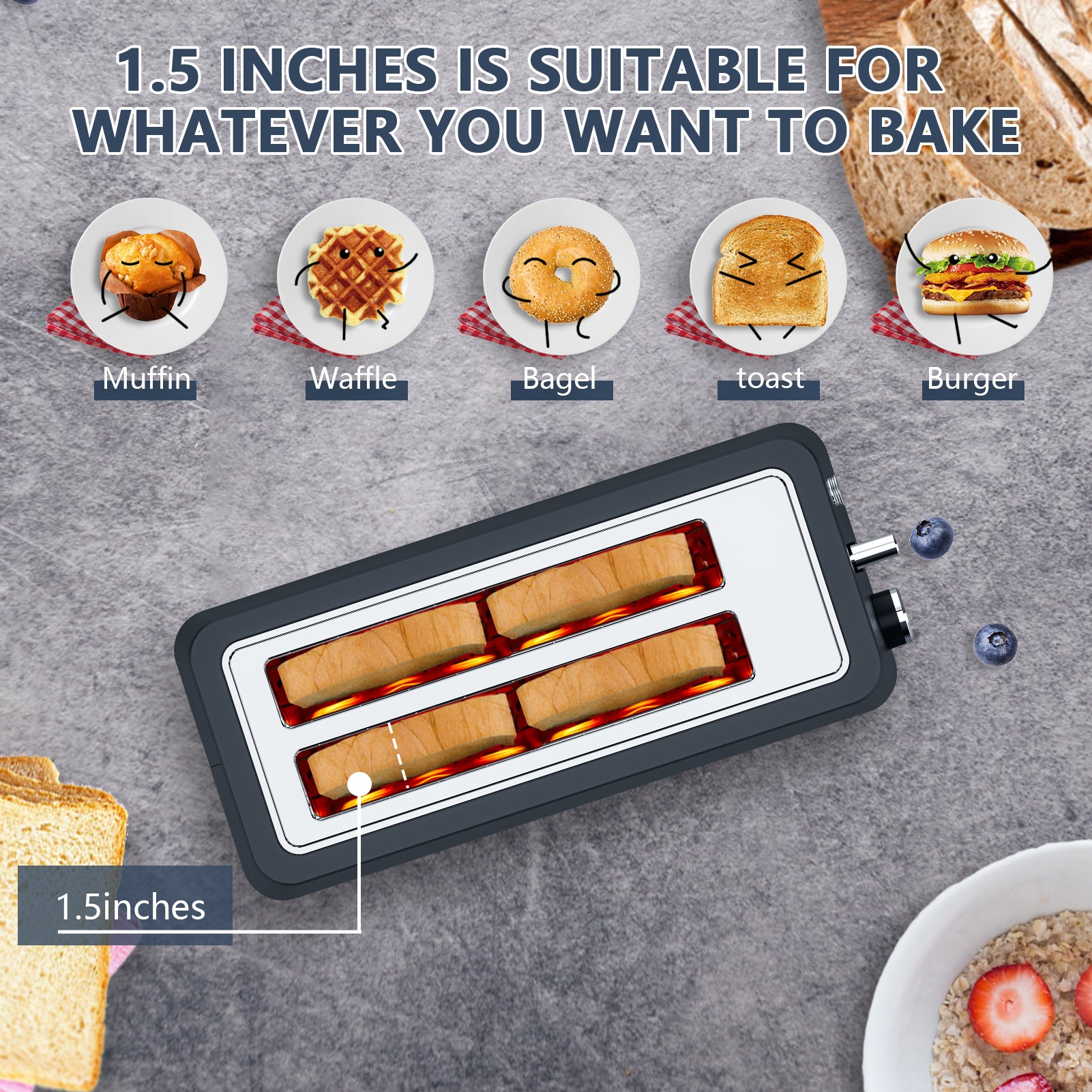 4-Slice Toaster, Extra Wide Long Slot, 6 Settings, Bagel, Defrost, Reheat, Removable Crumb Tray, Stainless Steel Housing, Matte Black