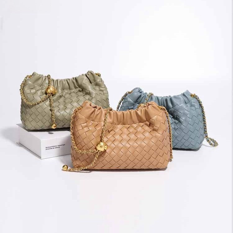 Cloud-shaped Woven Handbag With Gold Beads Chanel-style Chain And Shouldercrossbody Strap