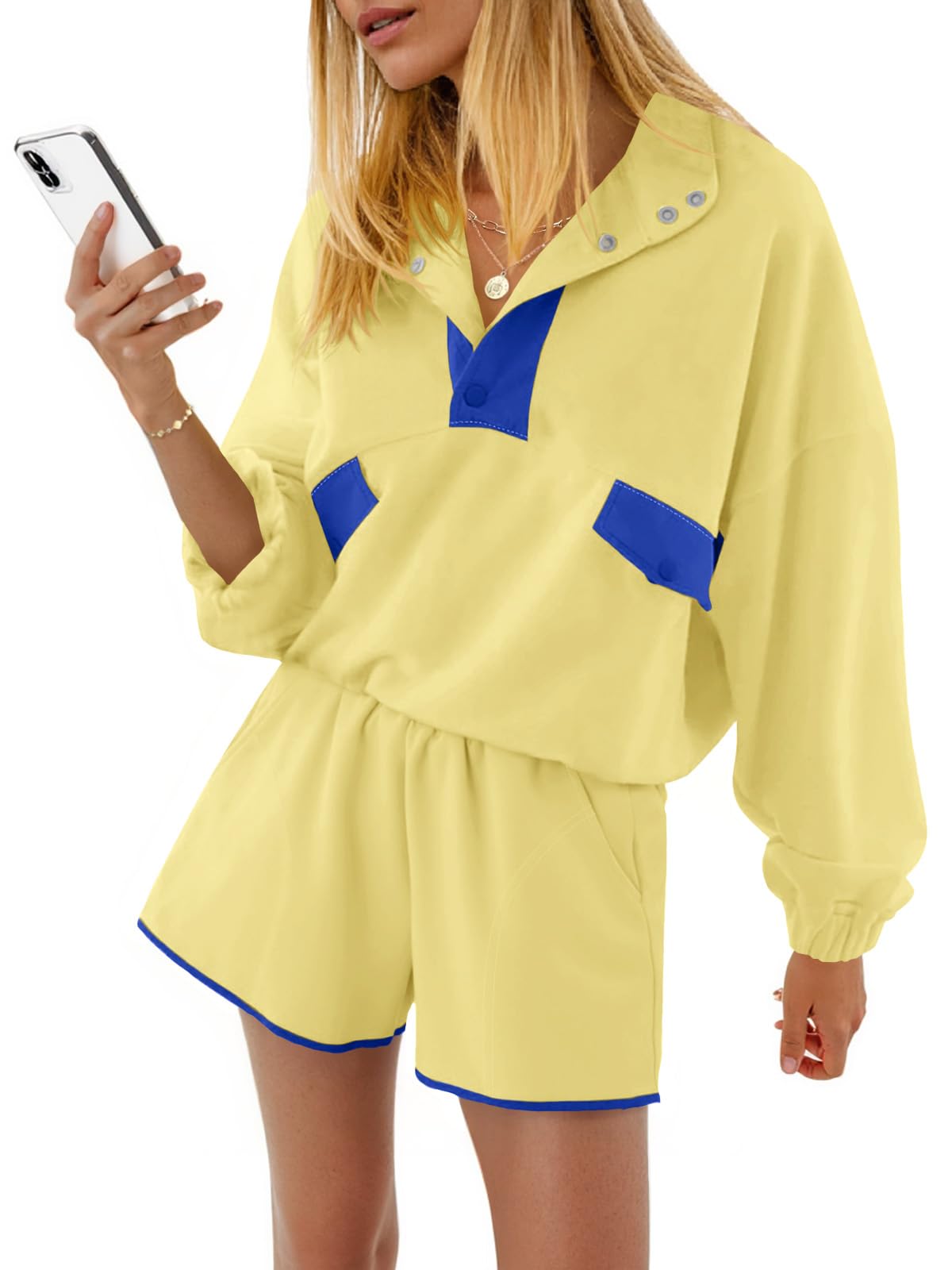 Fisoew Womens 2 Piece Sets Sweatsuits Casual Half Button Color Block Sweatshirts Running Shorts Tracksuits Fall Outfits