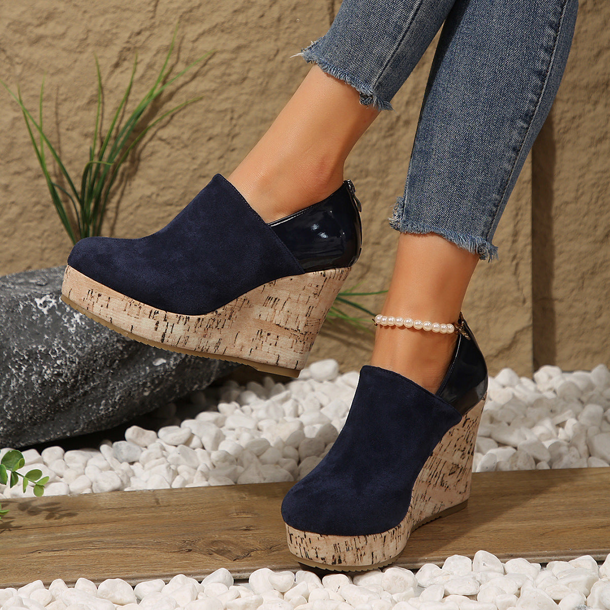 Women's Wedge Heels Spring 2025 New Arrival Suede And Leather Patchwork Design