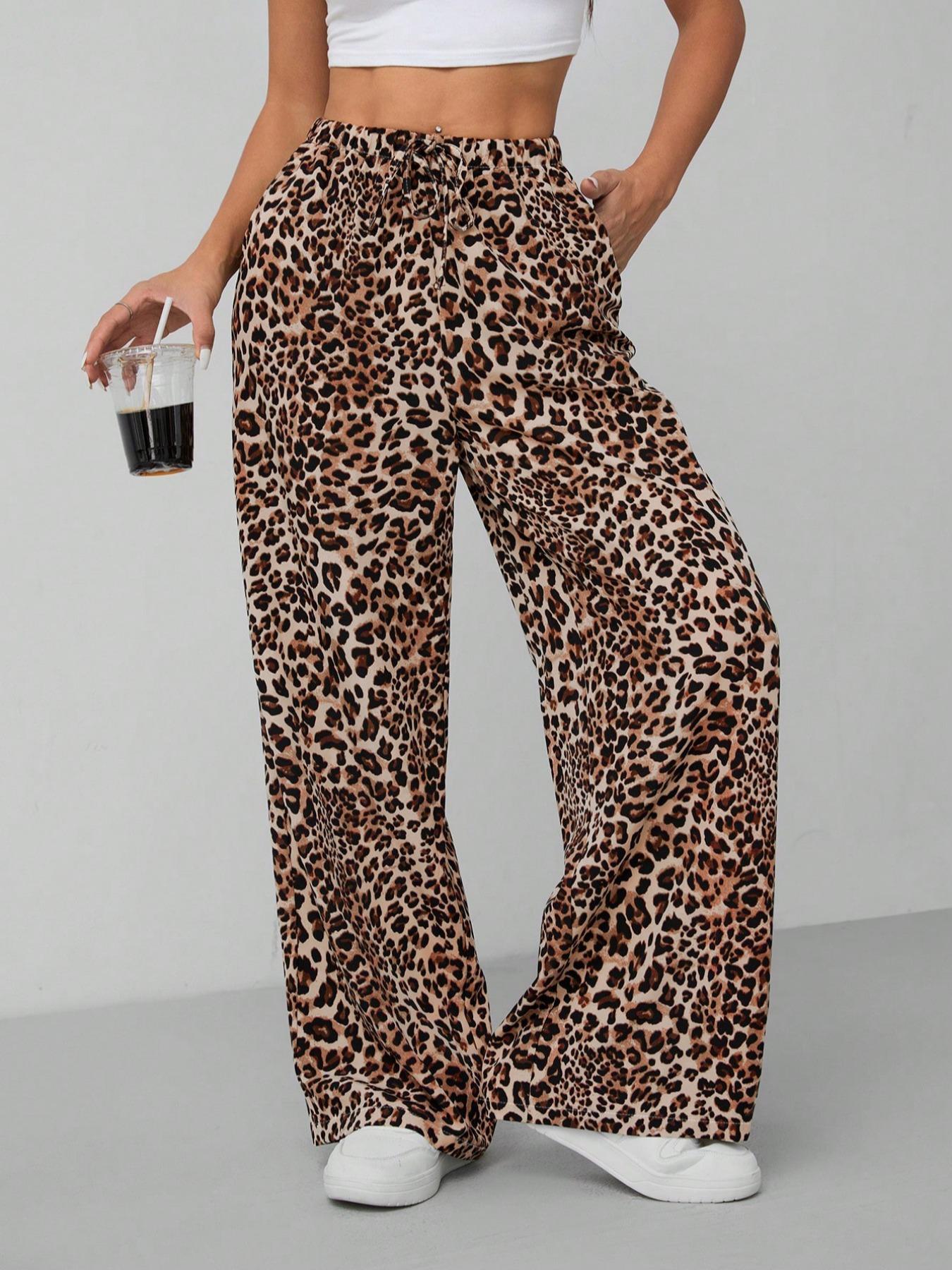 Women's Casual Leopard Print High Waisted Wide-Leg Pants Elegant Drawstring Loose Long Trousers