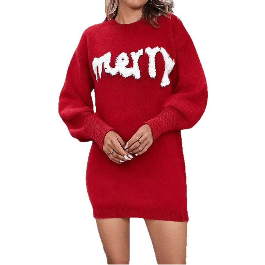 Women's Christmas Knitted Round Neck Sweater Dresses Lantern Sleeve Pu – SmartShoppers