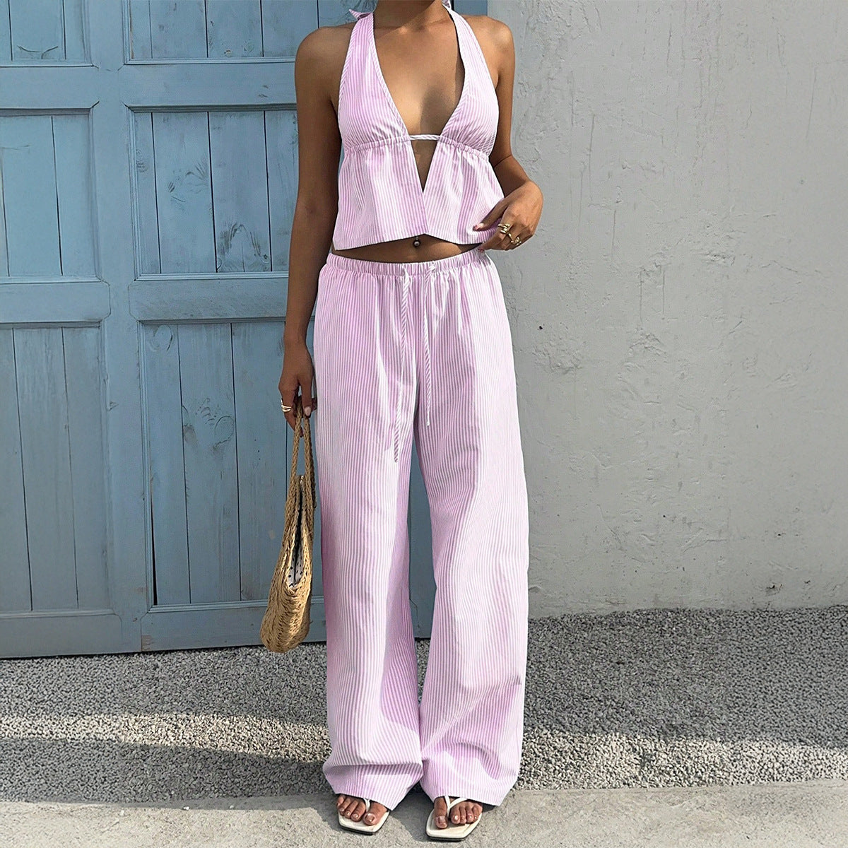 Vacation-style Tank Top And Casual Long Pants Set